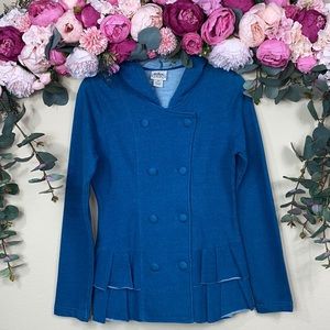 •miken• Y2k {mottled teal} Double Breasted Hooded Peacoat Sweatshirt Ruffle Hem